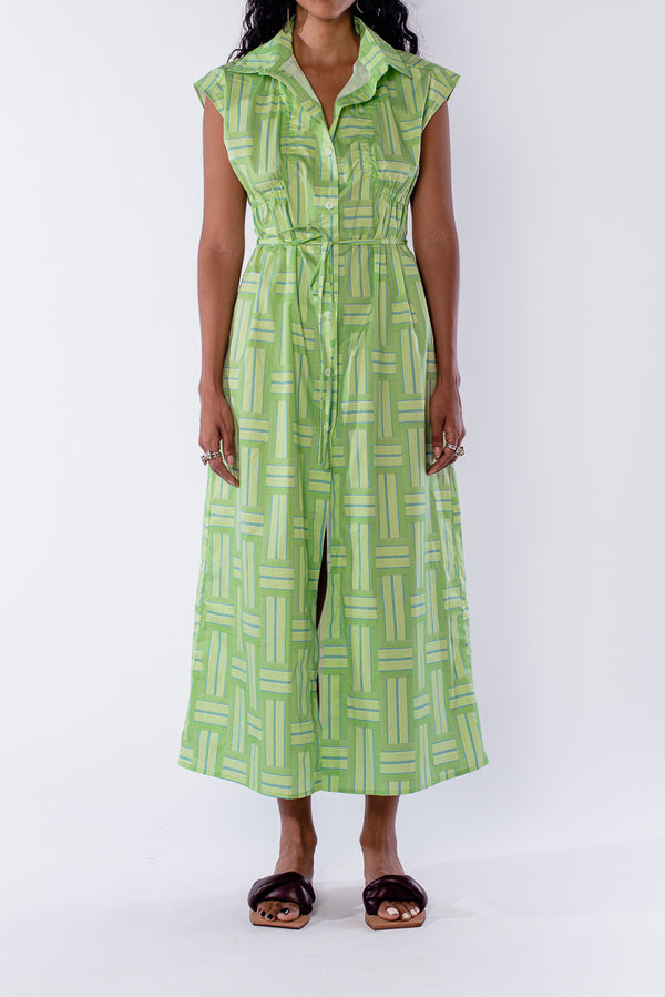 Printed palma green laced sleeveless dress