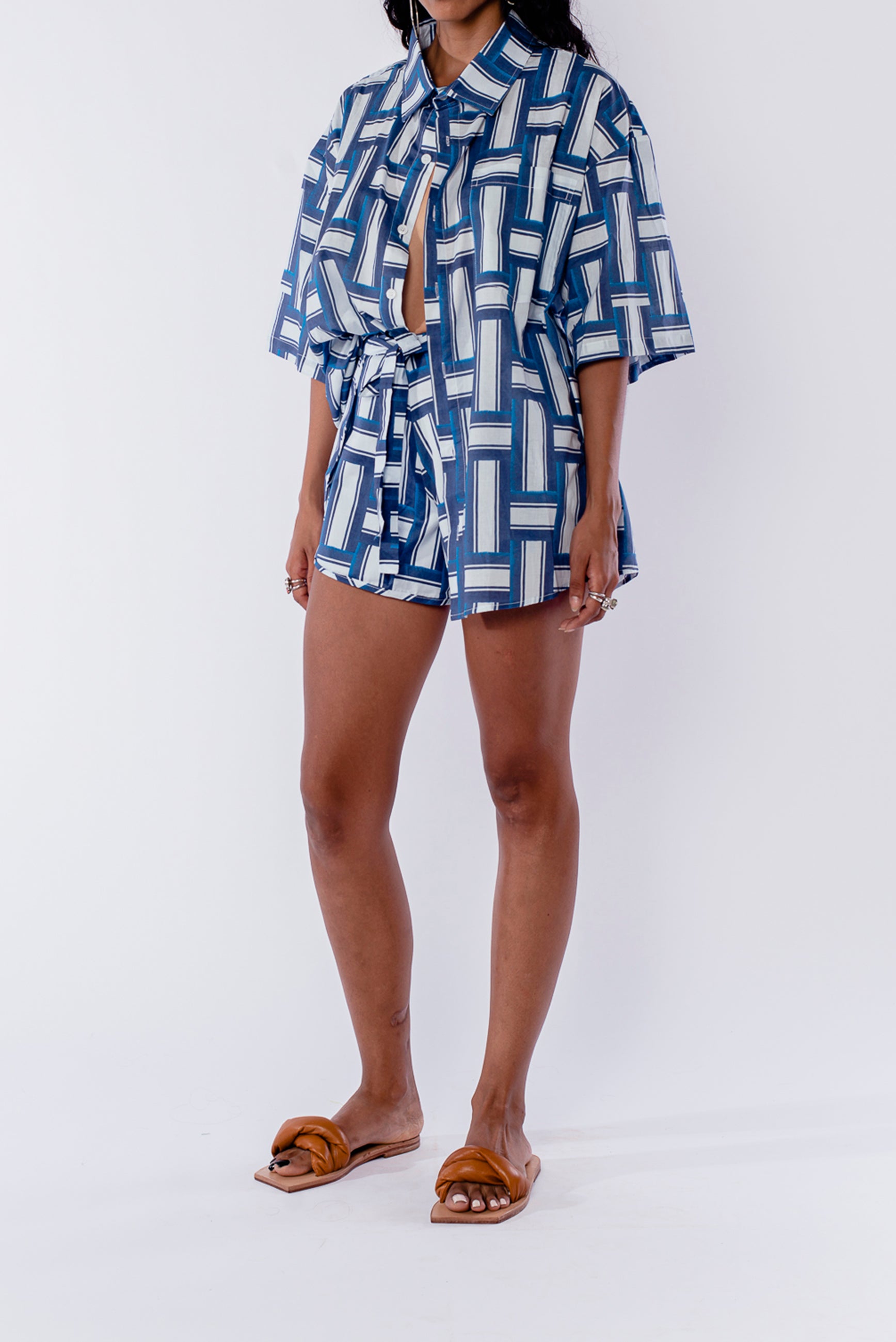 Printed blue short sleeves palma shirt